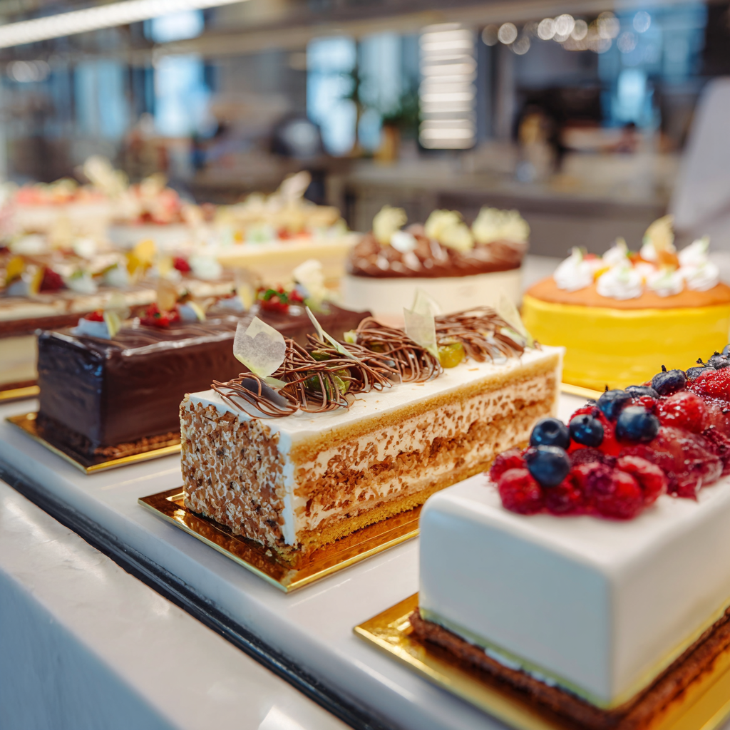 kawałki ciast w cukierni